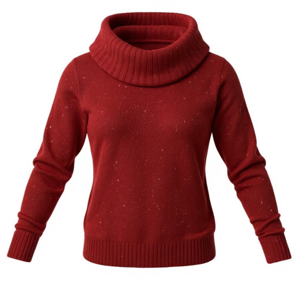 $10 SALE Women Petite Junior Red Turtle Neck Ribbed Cuff Glitter Sweater Size M